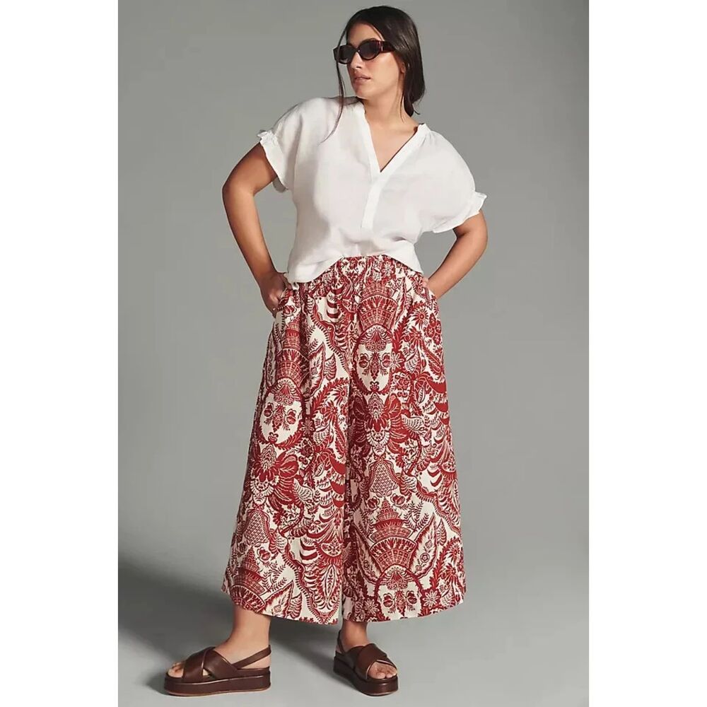 Anthropologie Damask Jacquard Wide Leg Cropped Pants Culottes Medium 100% Linen